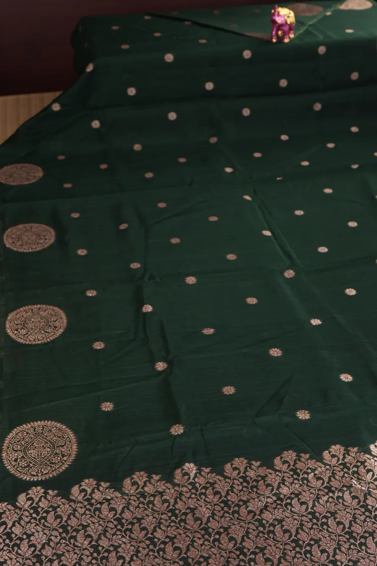 Bottle Green Banaras Sarees with Gold Zari Buttis (small Dots Or Motifs) view 2