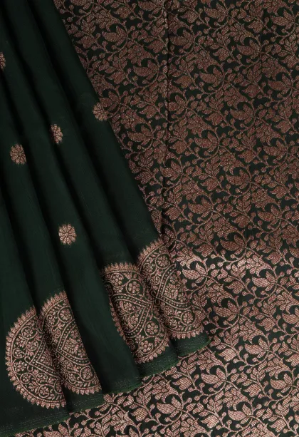 Bottle Green Banaras Sarees with Gold Zari Buttis (small Dots Or Motifs)