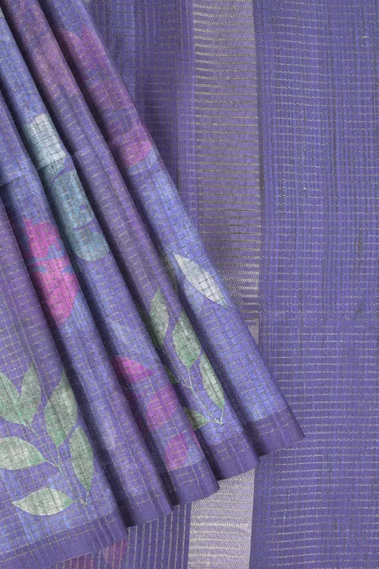 Indigo Blue Tussar Saree with Antic Zari Small Checks Pattern