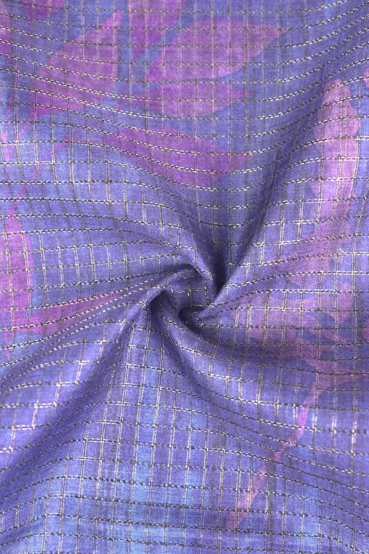 Indigo Blue Tussar Saree with Antic Zari Small Checks Pattern view 4