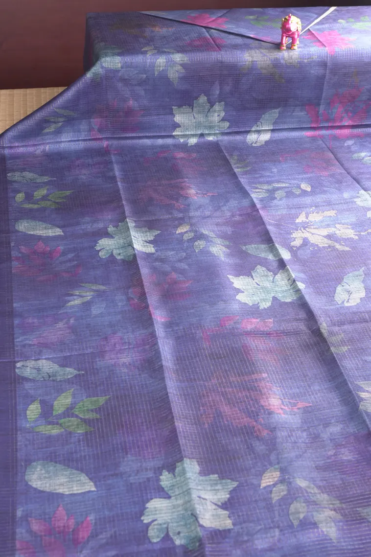 Indigo Blue Tussar Saree with Antic Zari Small Checks Pattern view 2