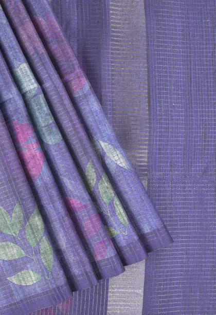 Indigo Blue Tussar Saree with Antic Zari Small Checks Pattern