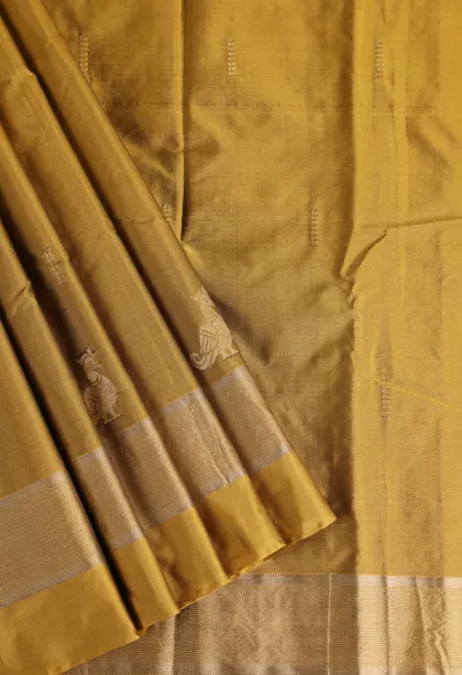 Gold Arani Silk Sarees with Gold Zari Peacock Motifs