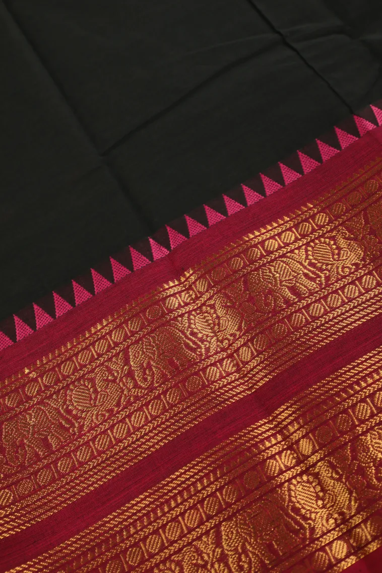 Asphalt Black Chettinad Cotton Sarees with Gold Zari Plain view 3