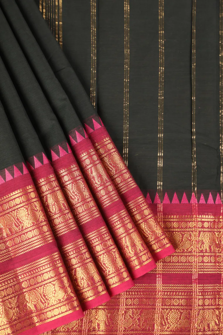 Asphalt Black Chettinad Cotton Sarees with Gold Zari Plain