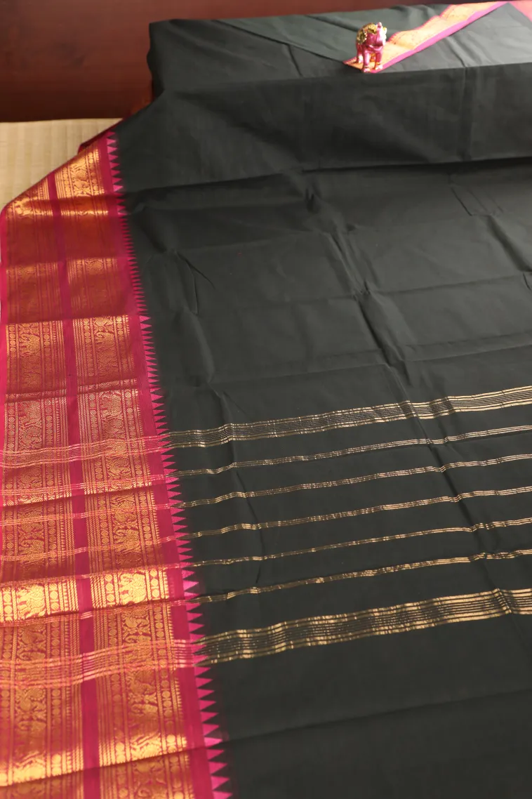 Asphalt Black Chettinad Cotton Sarees with Gold Zari Plain view 2