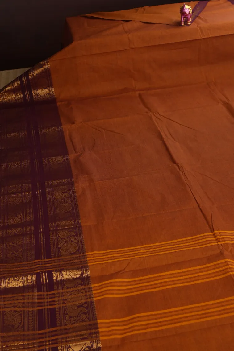 Squash Orange Chettinad Cotton Sarees with Gold Zari Plain view 2