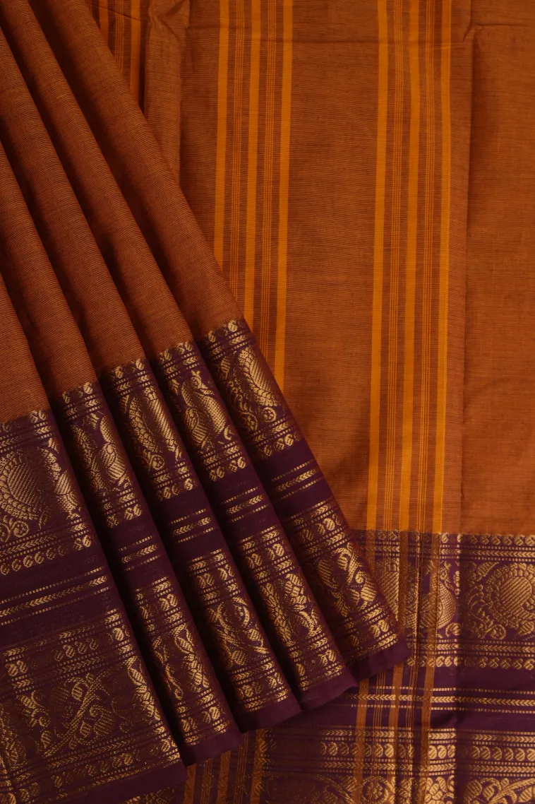 Squash Orange Chettinad Cotton Sarees with Gold Zari Plain