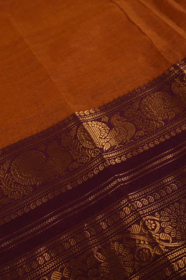 Squash Orange Chettinad Cotton Sarees with Gold Zari Plain view 3