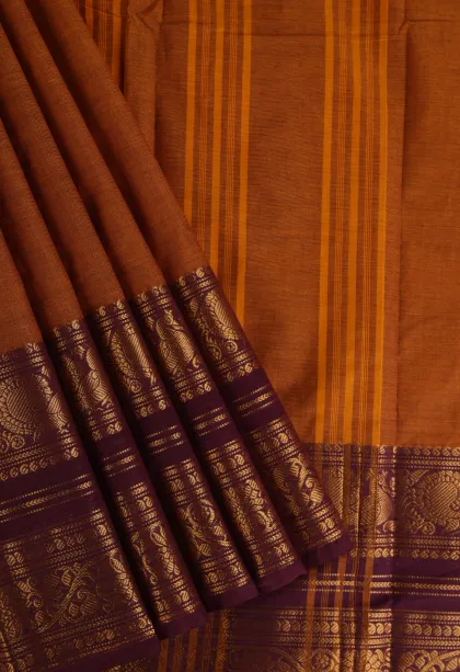 Squash Orange Chettinad Cotton Sarees with Gold Zari Plain