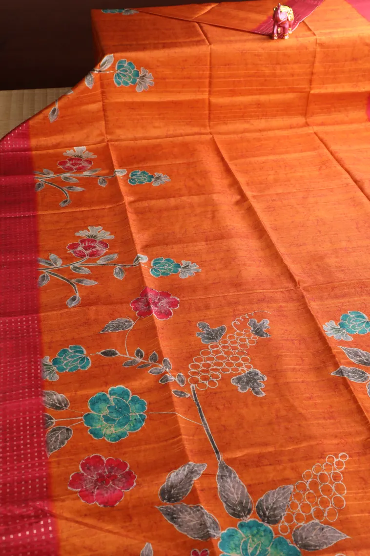 Carrot Orange Tussar Saree Without Zari With Flower Mottif view 2