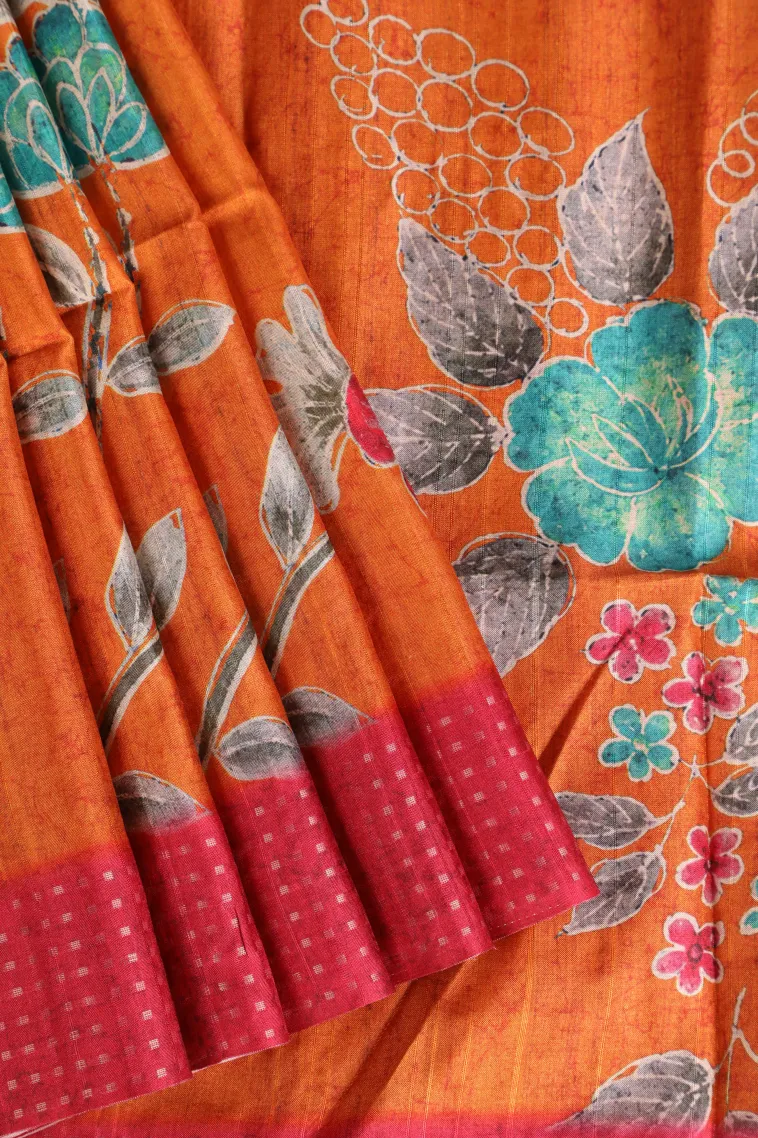 Carrot Orange Tussar Saree Without Zari With Flower Mottif