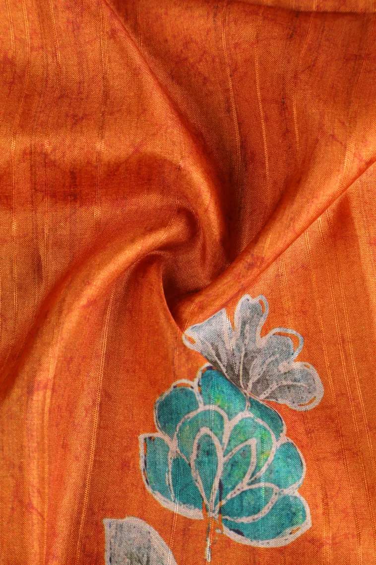 Carrot Orange Tussar Saree Without Zari With Flower Mottif view 4