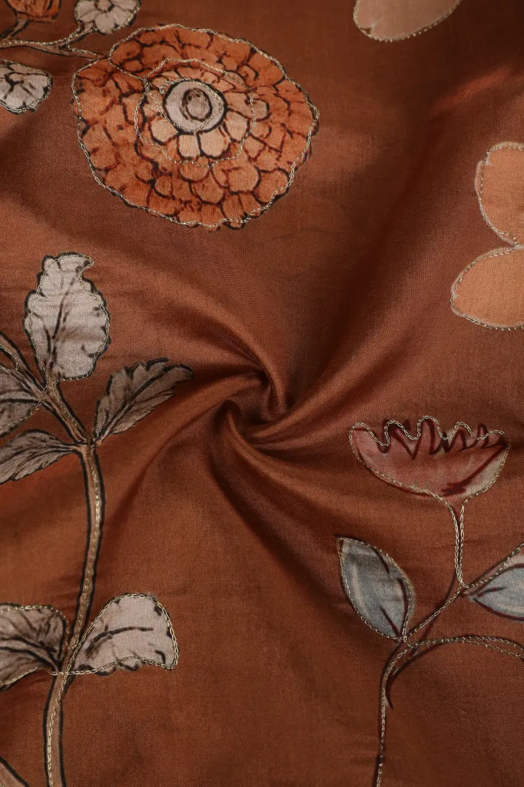 Tawny Brown Semi Tussar Silk with Thread Zari Floral Patterns view 4