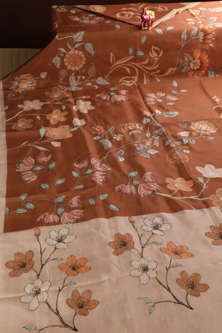 Tawny Brown Semi Tussar Silk with Thread Zari Floral Patterns view 2