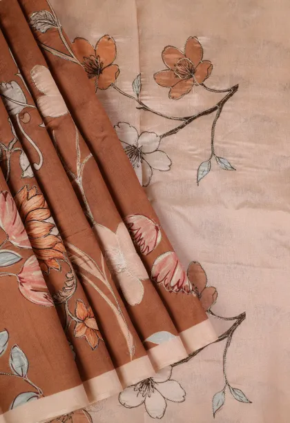 Tawny Brown Semi Tussar Silk with Thread Zari Floral Patterns