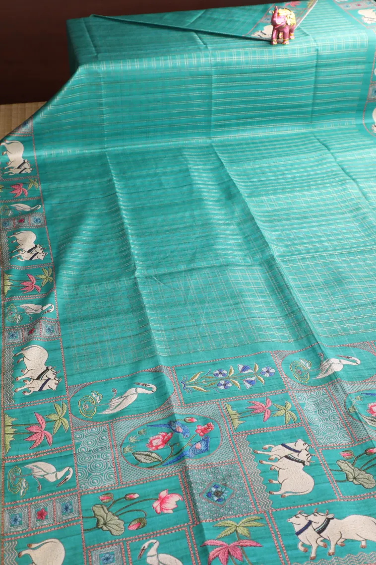 Teal Blue Tussar Saree with Gold Zari Checks view 2