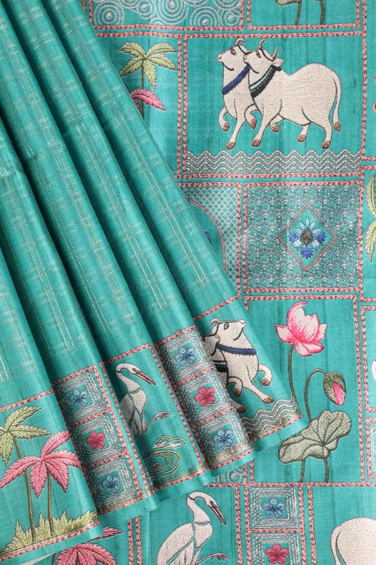 Teal Blue Tussar Saree with Gold Zari Checks