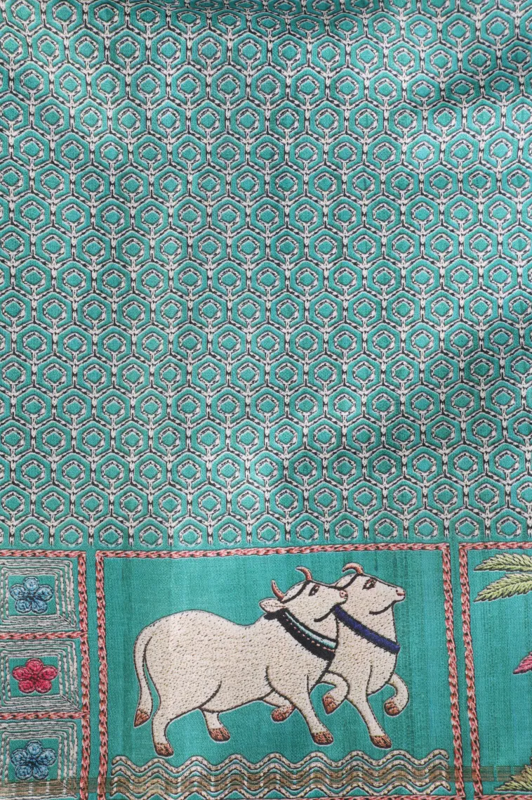 Teal Blue Tussar Saree with Gold Zari Checks view 3