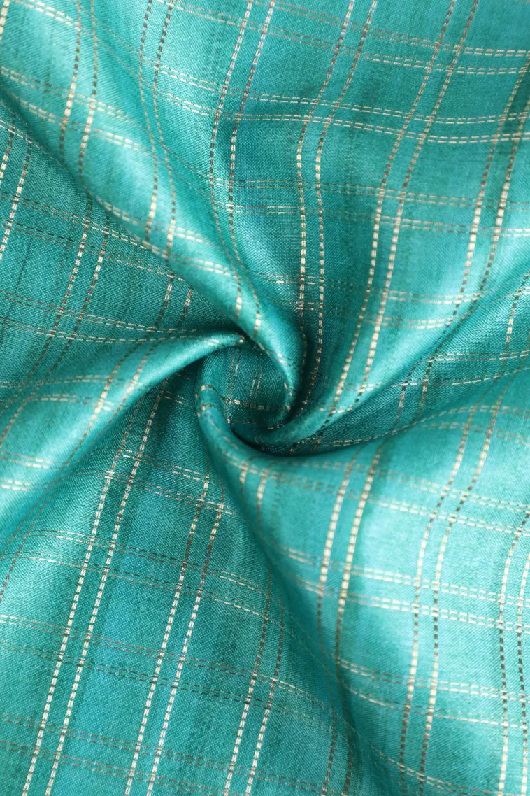Teal Blue Tussar Saree with Gold Zari Checks view 4