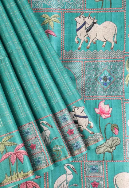 Teal Blue Tussar Saree with Gold Zari Checks