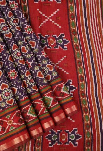 Mauve Purple Chanderi Cotton Sarees with Gold Zari Geometric Shapes