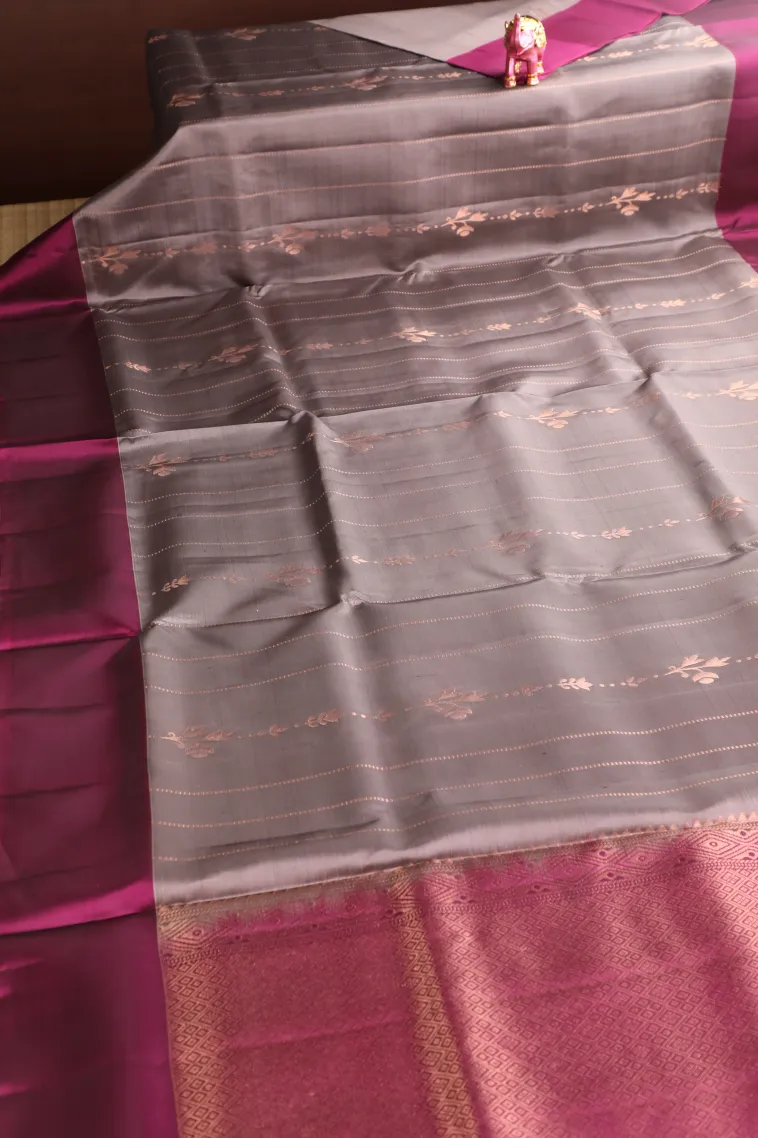 Gray Black Soft Silk Saree with Copper Zari Stripes And Puttas view 2