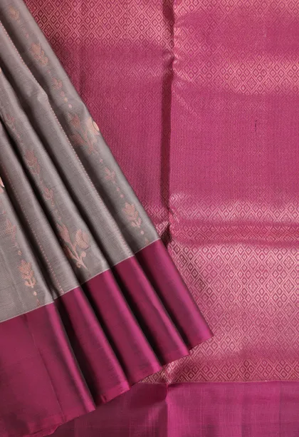 Gray Black Soft Silk Saree with Copper Zari Stripes And Puttas