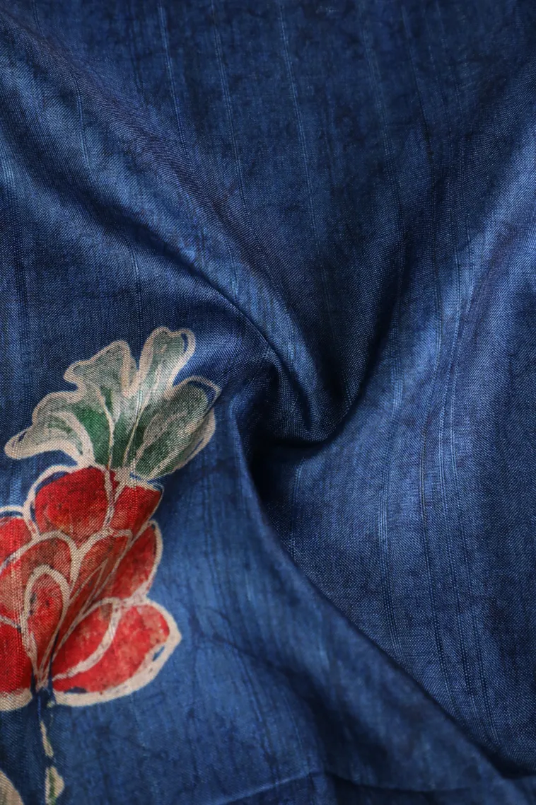 Admiral Blue Tussar Saree Without Zari With Flower Mottif view 4