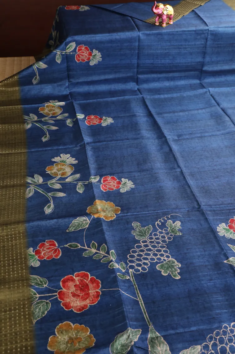 Admiral Blue Tussar Saree Without Zari With Flower Mottif view 2