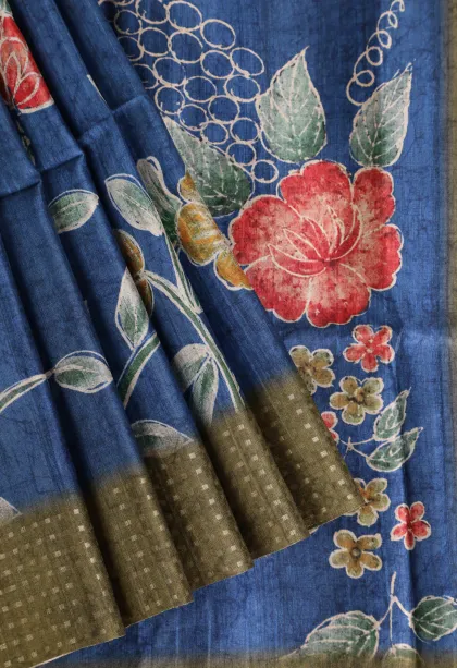 Admiral Blue Tussar Saree Without Zari With Flower Mottif