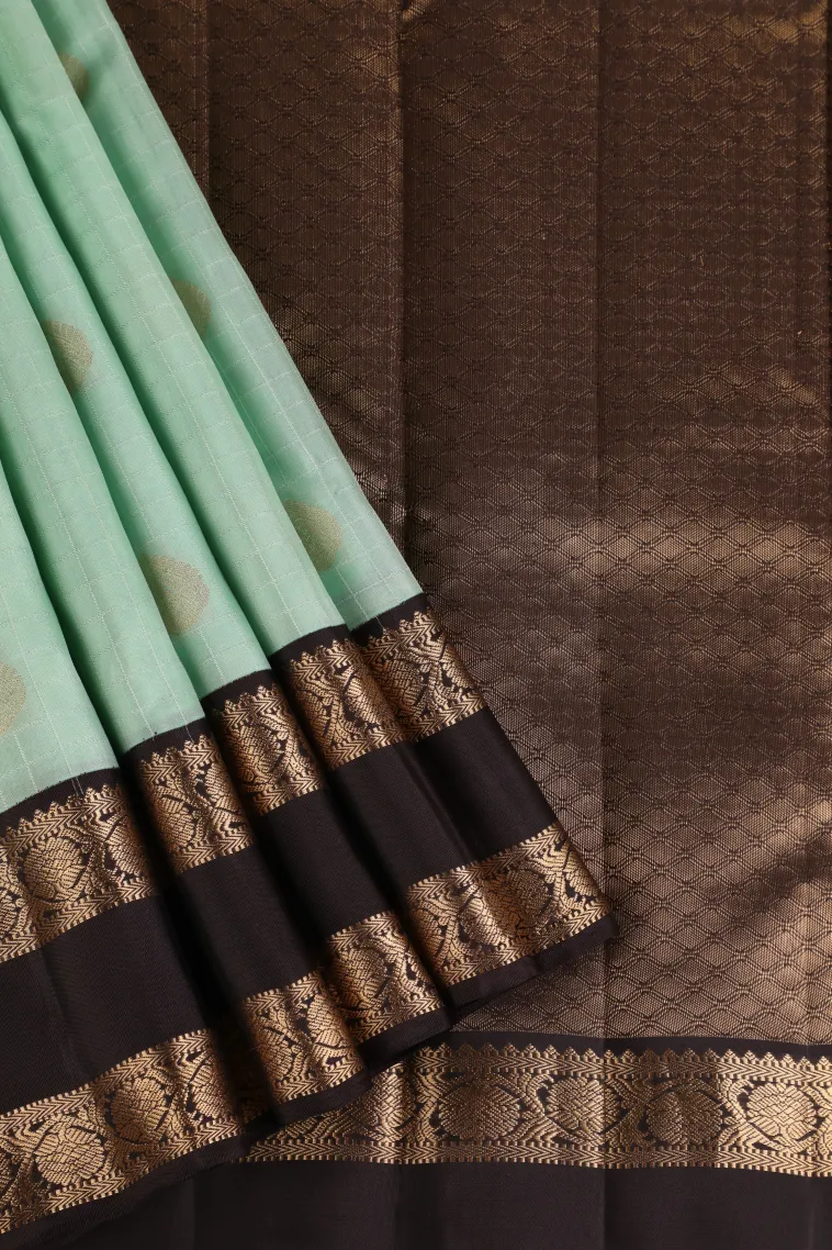 Mint Green Soft Silk Saree with Gold Zari Checks And Puttas view 1