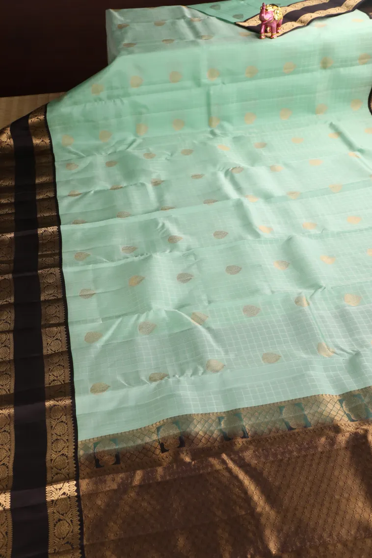 Mint Green Soft Silk Saree with Gold Zari Checks And Puttas view 2