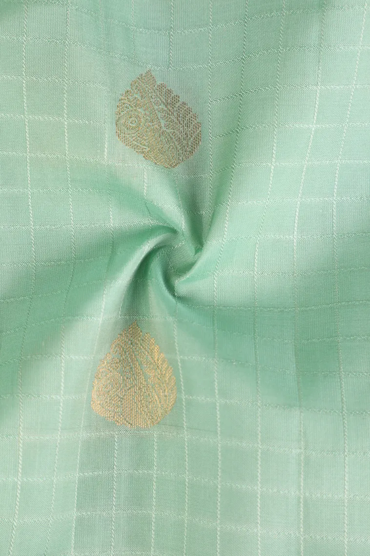 Mint Green Soft Silk Saree with Gold Zari Checks And Puttas view 4