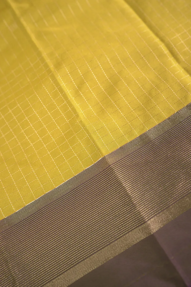 Lemon Yellow Arani Silk Sarees with Gold Zari Small Checks Pattern view 3