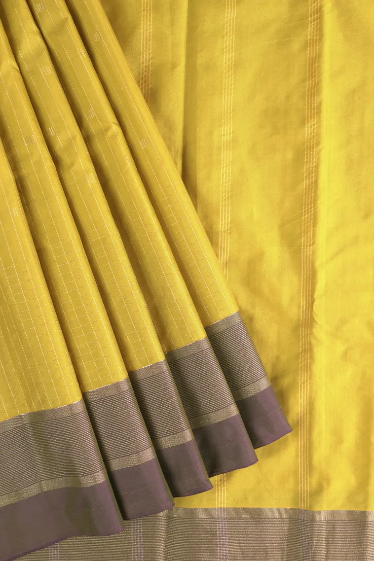 Lemon Yellow Arani Silk Sarees with Gold Zari Small Checks Pattern