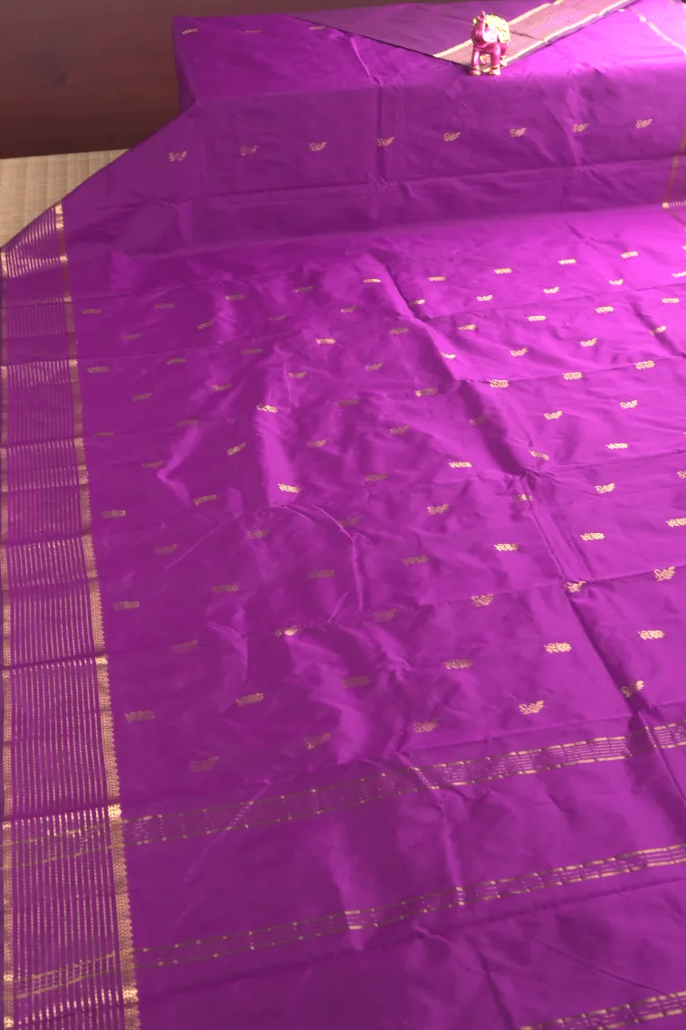 Bubble Purple Soft Silk Saree with Gold Zari Flower Mottif view 2