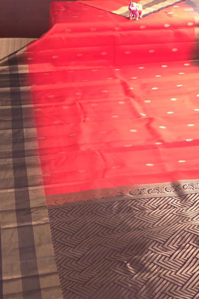 Fire Orange Soft Silk Saree with Gold Zari Buttis (small Dots Or Motifs) view 2