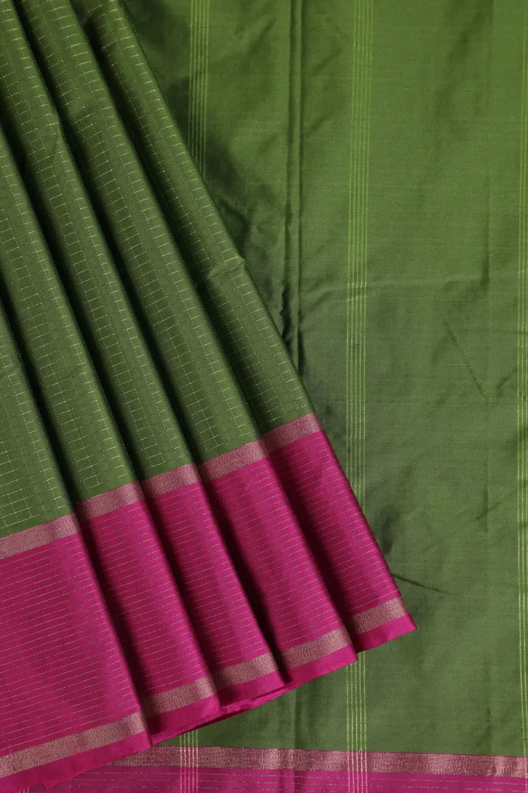 Basil Green Arani Silk Sarees with Gold Zari Small Checks Pattern view 1