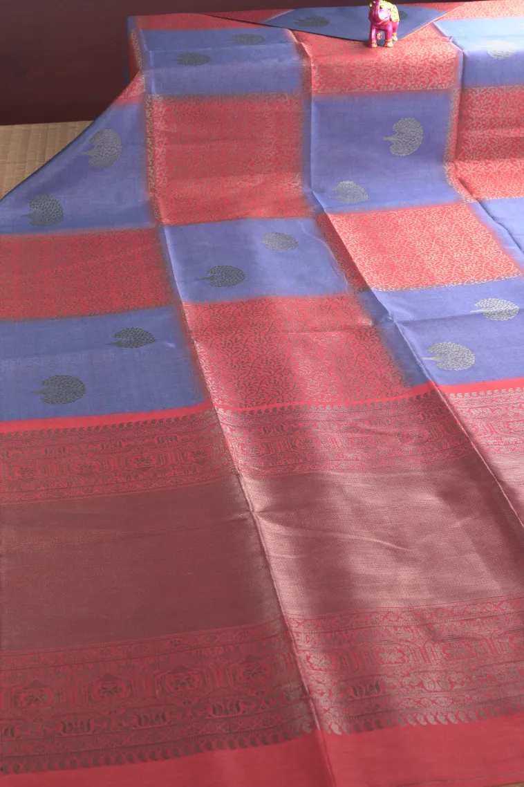Azure Blue Tussar Saree with Antic Zari Checks view 2