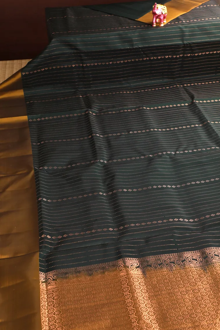 Bottle Green Soft Silk Saree with Gold Zari Stripes And Puttas view 2