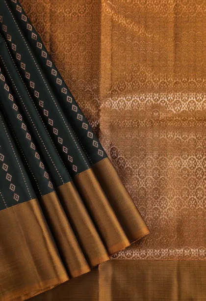 Bottle Green Soft Silk Saree with Gold Zari Stripes And Puttas