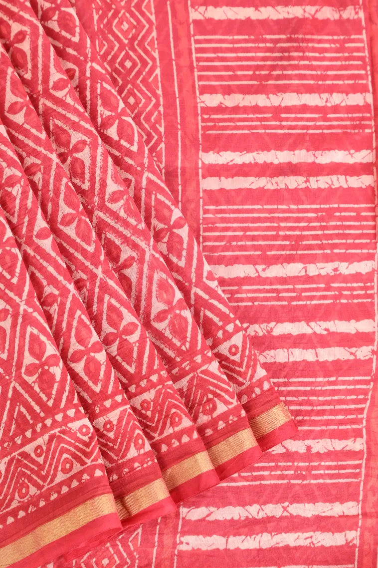 Rouge Pink Chanderi Cotton Sarees with Gold Zari Geometric Shapes view 1