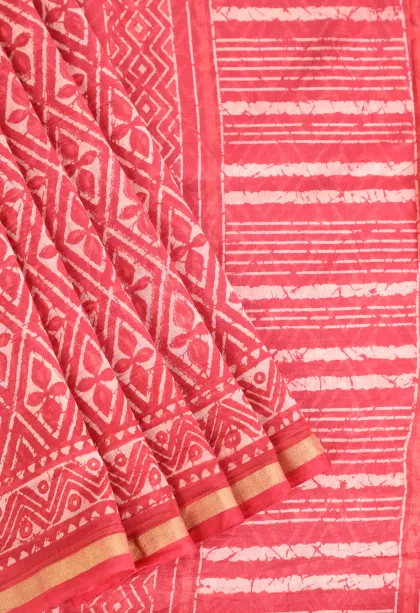 Rouge Pink Chanderi Cotton Sarees with Gold Zari Geometric Shapes