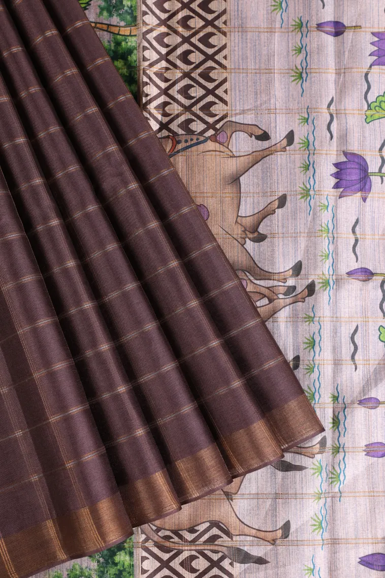 Sangria Red Tussar Saree with Gold And Silver Zari Checks