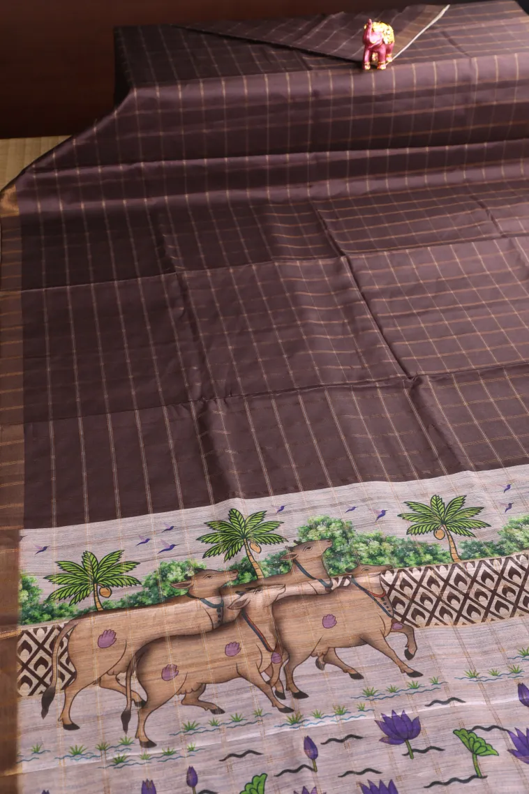 Sangria Red Tussar Saree with Gold And Silver Zari Checks view 2