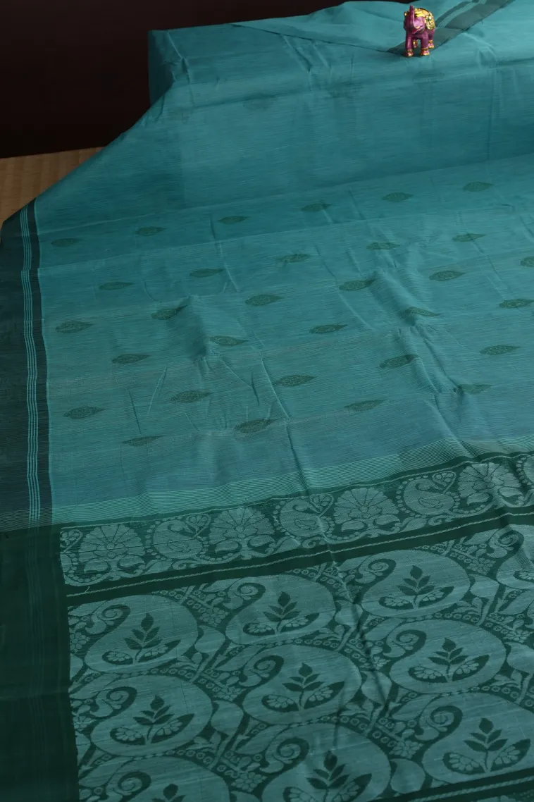 Teal Blue Kanchi Cotton Sarees Without Zari With Mango Puttas view 2