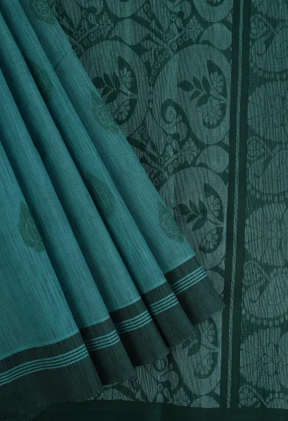 Teal Blue Kanchi Cotton Sarees Without Zari With Mango Puttas