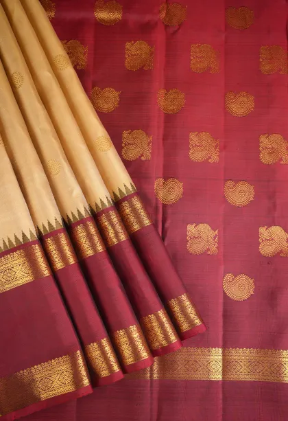 Shortbread Yellow Kanchipuram Silk Sarees with Gold Zari Rudhracham Mottif