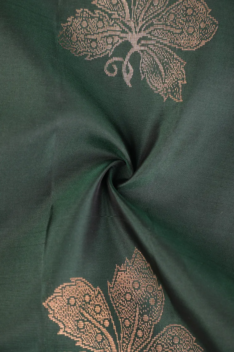 Bottle Green Soft Silk Saree with Gold Zari Flower Mottif view 4